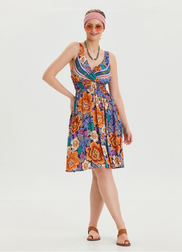 V Neck Robe Blue Patterned Casual Dress 4512